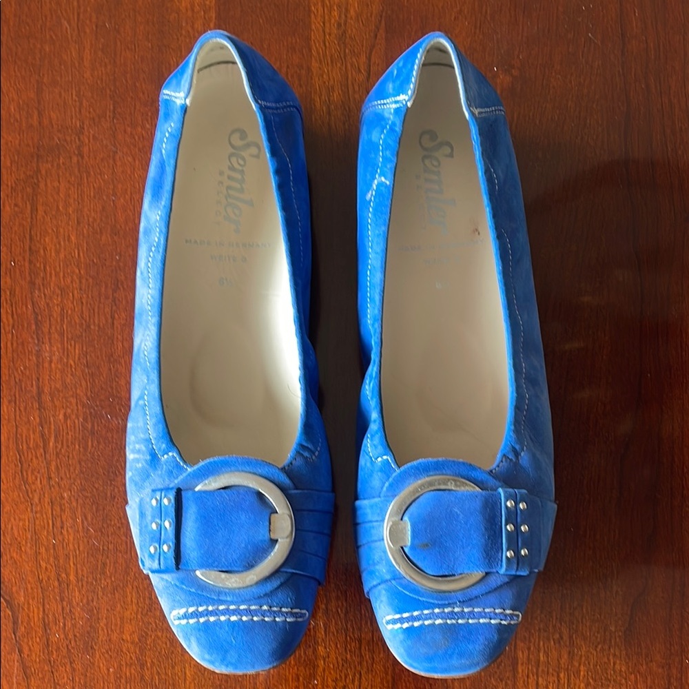 Vibrant Blue Leather Flats with matte silver buckle